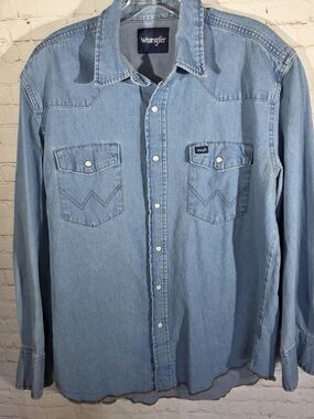 Wrangler Cowboy Cut Western Denim Pearl Snap Shirt - Stonewash Size Lg